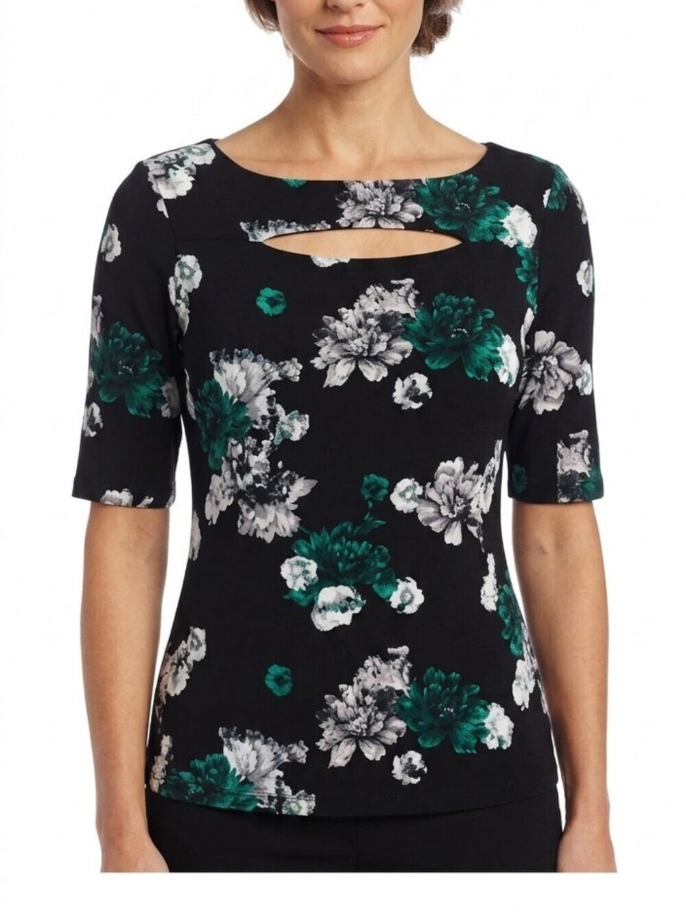 Carmen Marc Valvo Black Fitted Cut Out Blouse Floral Size Large